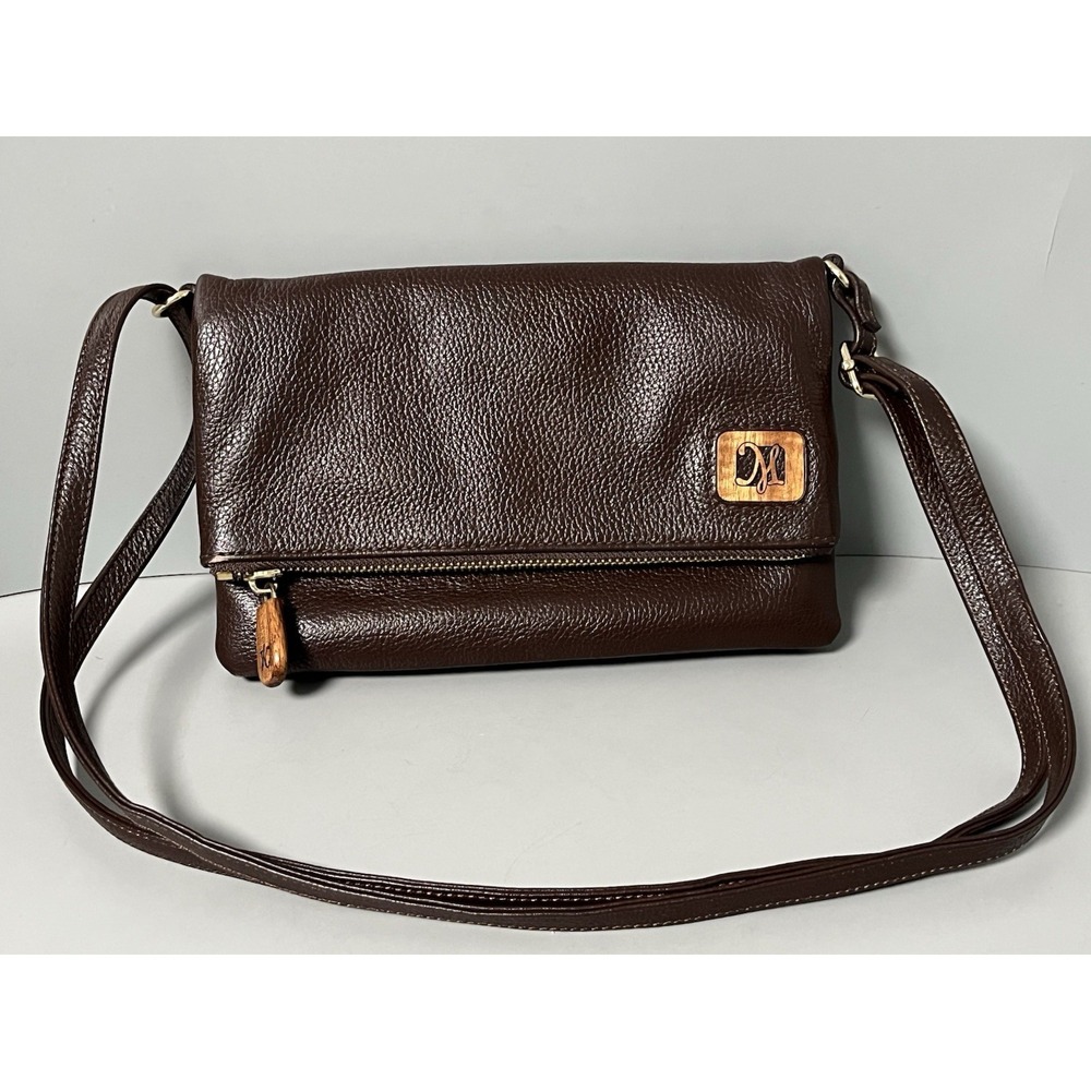 Martin and MacArthur Small Leather Bag Fold over Crossbody Purse Brown Hawaii 9"